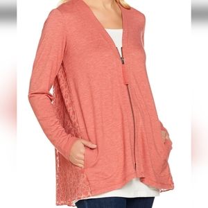 LOGO Lounge Coral Lace Cardigan Jacket A Zip-Front With Pockets Size M